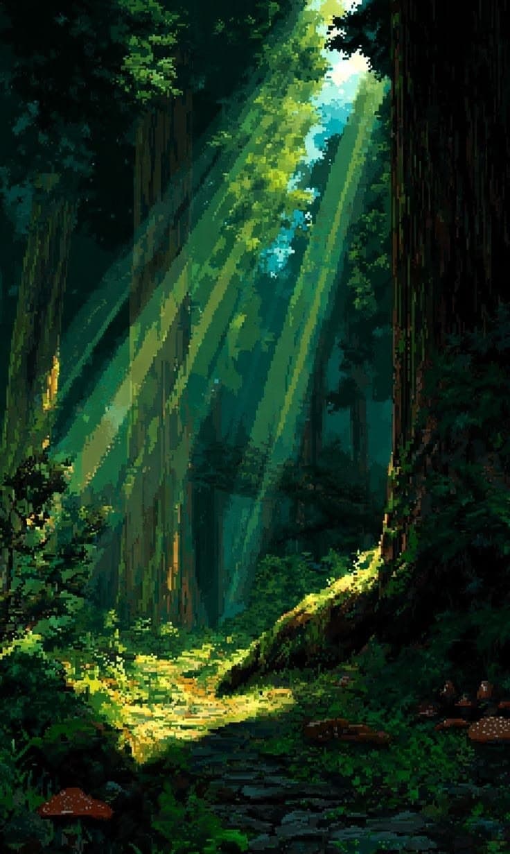 A sunlit pixel-art forest path